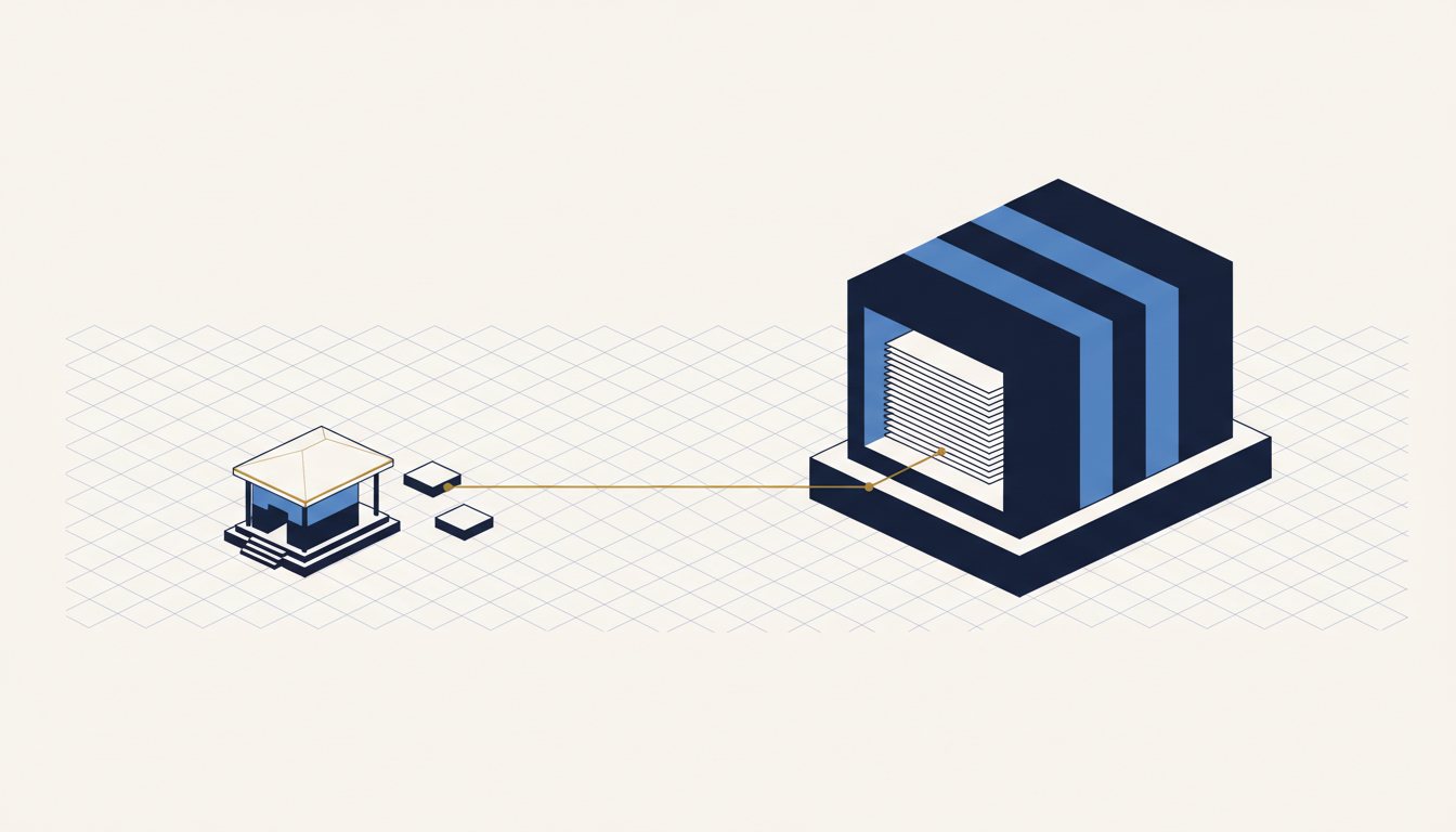 Isometric diagram showing an introducing broker linked to a separate clearing firm holding client assets