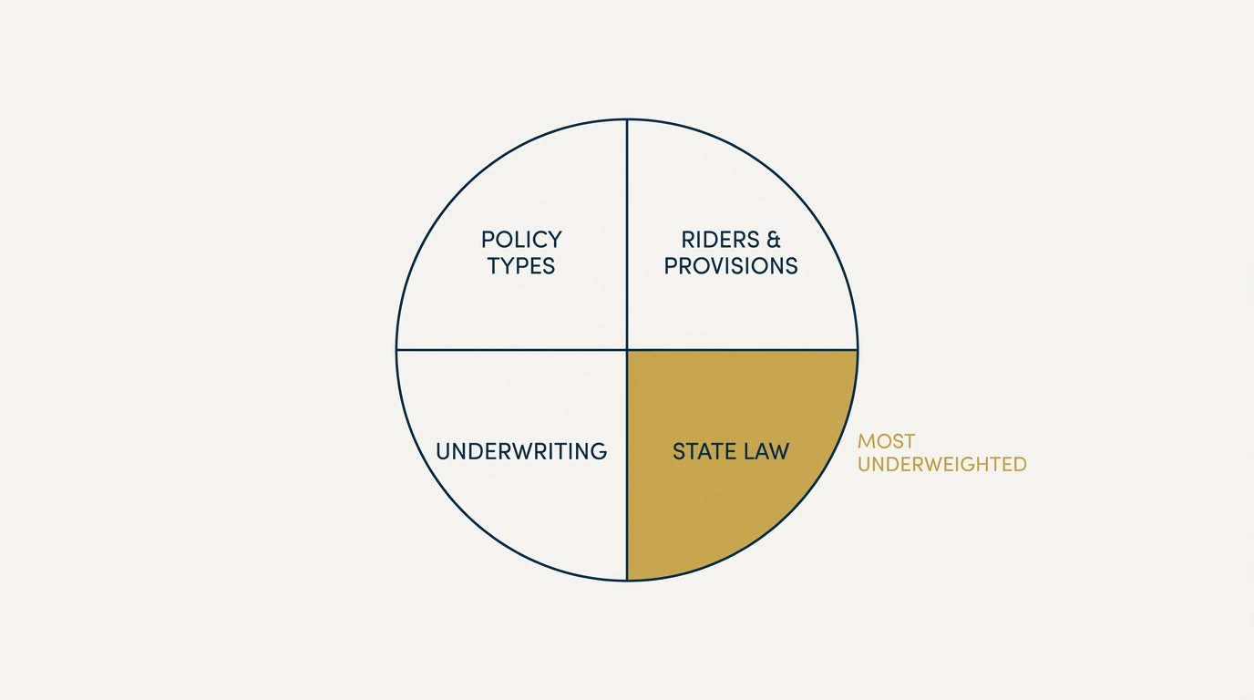 Radial diagram splitting the life insurance exam into four tested areas around a central dial