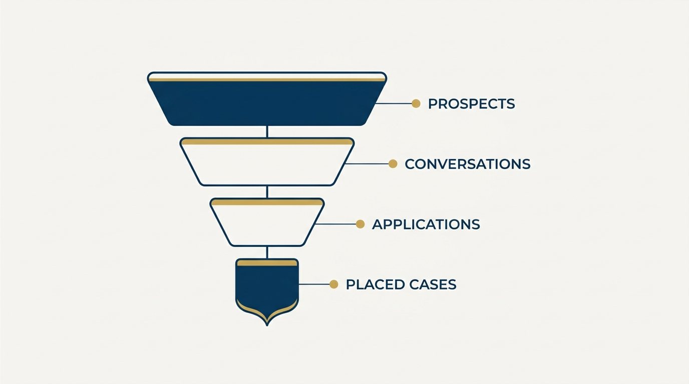 Abstract funnel narrowing a wide field of prospects down to four placed life insurance cases