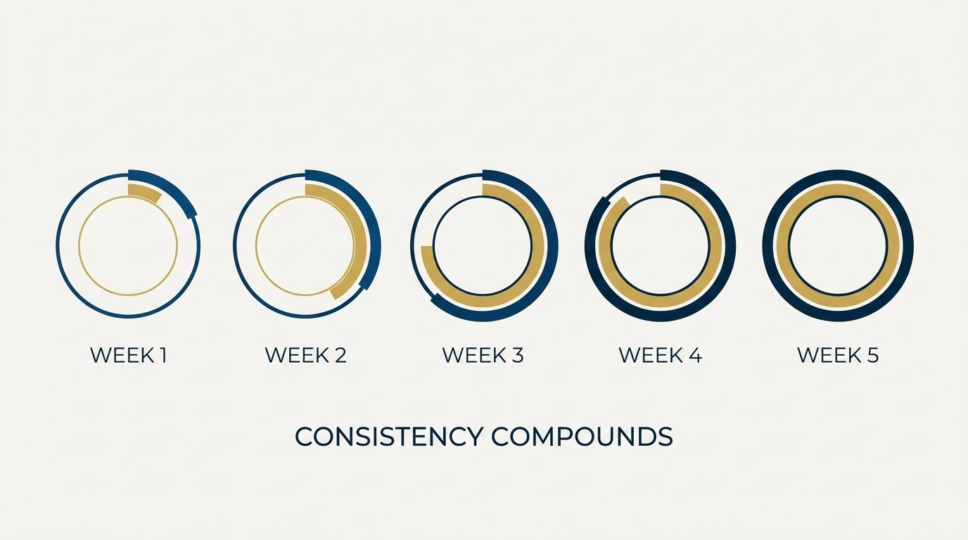 Five ring diagrams filling progressively, showing how weekly prospecting compounds into steady life insurance production