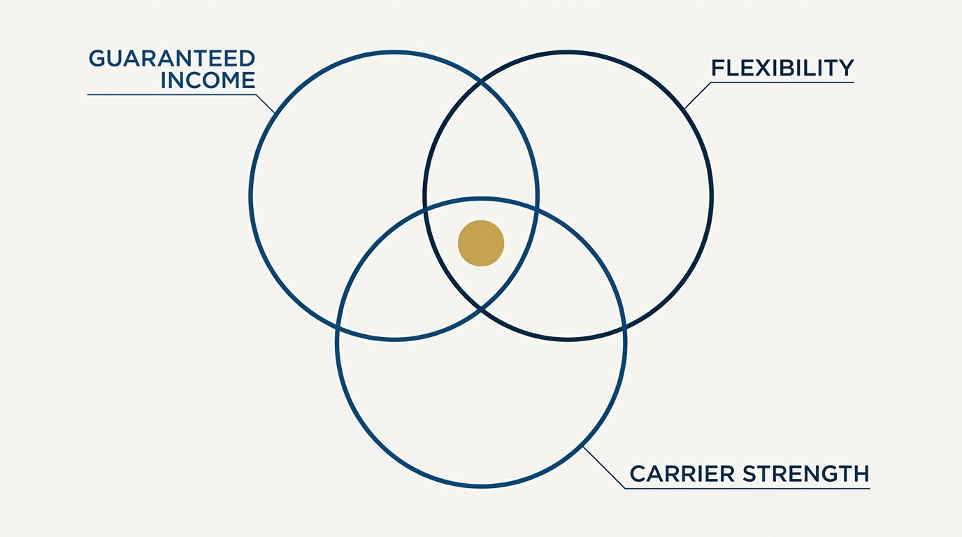 Three overlapping circles showing annuity companies judged on guaranteed income, flexibility and financial strength